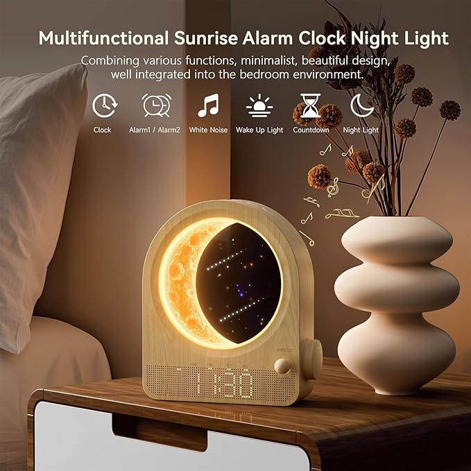 Sunrise Alarm Clocks for Bedrooms, Stepless Dimmable Moon Lamp Dual Alarm Clock Wake Up Light with 12Levels Volume for Heavy Sleepers, 10 Natural Sounds with 30/60/90min Timer Night Light