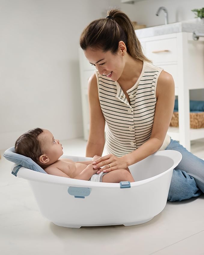 Skip Hop Baby Bath Tub 4-in-1 Grow with Baby Infant to Toddler Bathtub with Supportive Sling and Sit-Up Support Wave Age 0m+