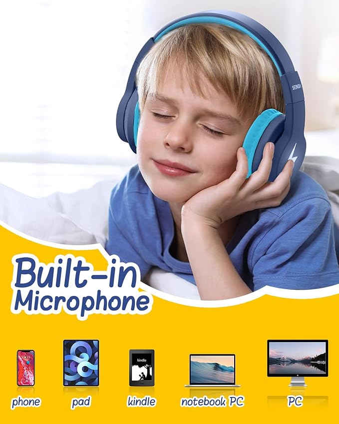 seenda Kids Bluetooth Headphones, Colorful Wireless Over Ear Headset with 85dB/94dB Volume Limited, 45H Playtime, 3 Lighting Modes, Built-in Mic Headphones for Boys Girls iPad Tablet School Dark Blue