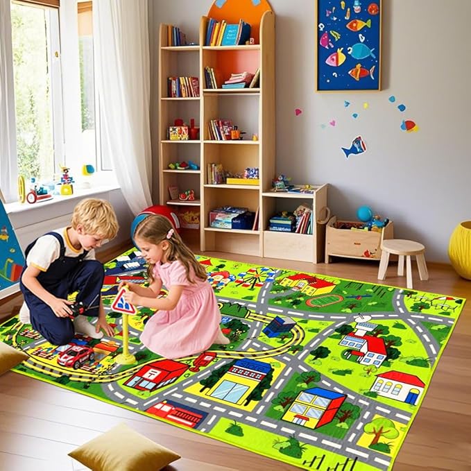 Car Rug Play Mat - Car Train Rugs Playroom Mat, Kids Rugs for Bedroom Road Rug with City Map Design Kid Room Decor, 59x31.49 lnches