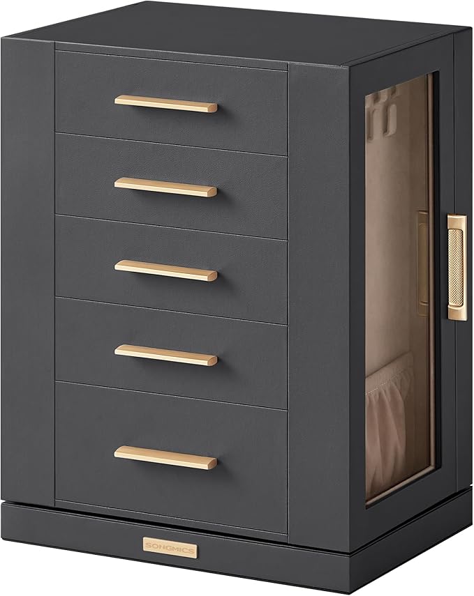 SONGMICS Jewelry Box 360° Rotating, Jewelry Storage Case with 5 Drawers, Jewelry Organizer, Glass Window, Spacious, Vertical Jewelry Storage, Open Design, Great Gift, Slate Gray UJBC170G01