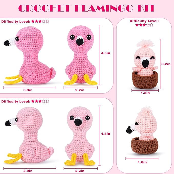 Crochet Kit for Beginners -Flamingo Family Crochet Kits with Step-by-Step Video Tutorials, Beginner Crochet Kit for Adults, Crochet Animal Kit for Kids, 3PCS Flamingo Crocheting Set(Pink)