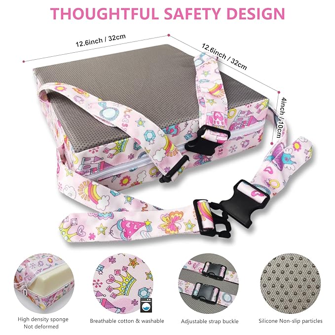 Toddler Booster Seat for Dining Table,4 Inches Washable Double Safer Straps Non-Slip Bottom Booster Seat for Kids, Portable Travel High Density Sponge Detachable Increasing Cushion for Child...