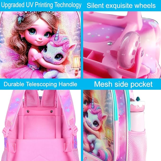 gxtvo Girls Rolling Backpack, Cute Unicorn Roller Wheels Kids Bookbag - Wheeled Elementary School Bag
