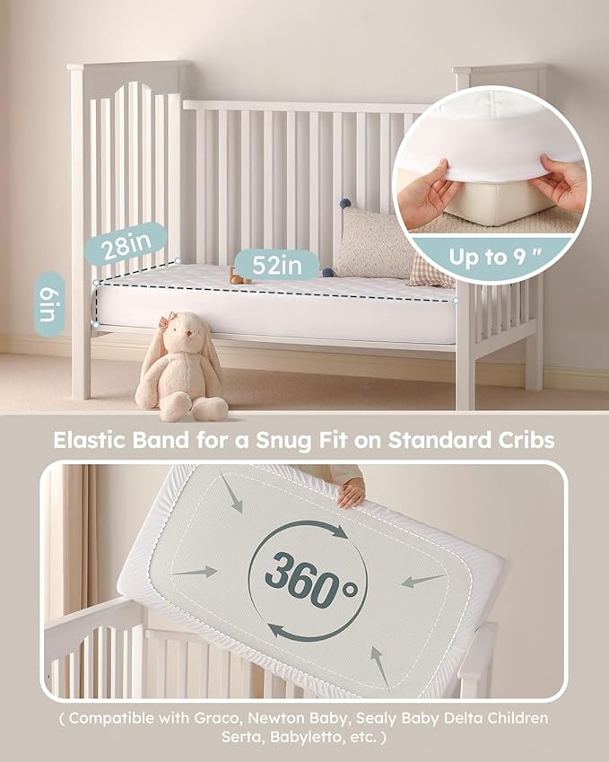 Yoofoss Waterproof Crib Mattress Protector, Quilted Crib Mattress Pad Cover Ultra Soft and Breathable, Machine Washable Toddler Mattress Protector for Standard Baby Crib Size 52''x28''