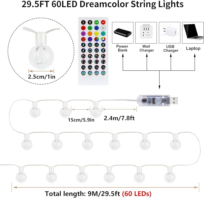 Smart Christmas String Lights Indoor, 29.5ft 213 Modes Crystal Fairy Lights, 60LED Color Changing Globe Decorative Hanging Lights with APP Remote Music for Bedroom Party Girl Gift Tent Wall Xmas Décor
