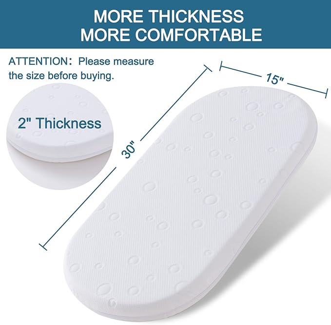 Baby Bassinet Mattress Topper, 30" x 15" x 2" Dual Sided Gel Memory Foam Mattress with Breathable Removable Soft Cover Fit for Most Moses Basket and Dream On Me Lacy Bassinet