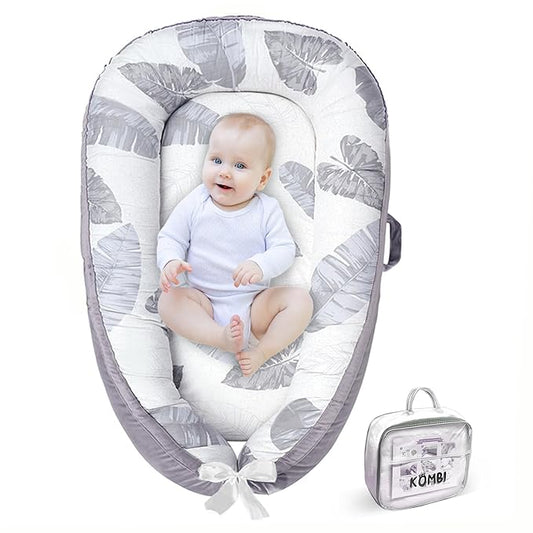 Baby Lounger - Baby Lounger for Newborn 0-24 Months, Breathable, Soft Cotton Baby Nest, Portable Infant Lounger for Home & Travel, Newborn Essentials Gift (Grey Leaf)