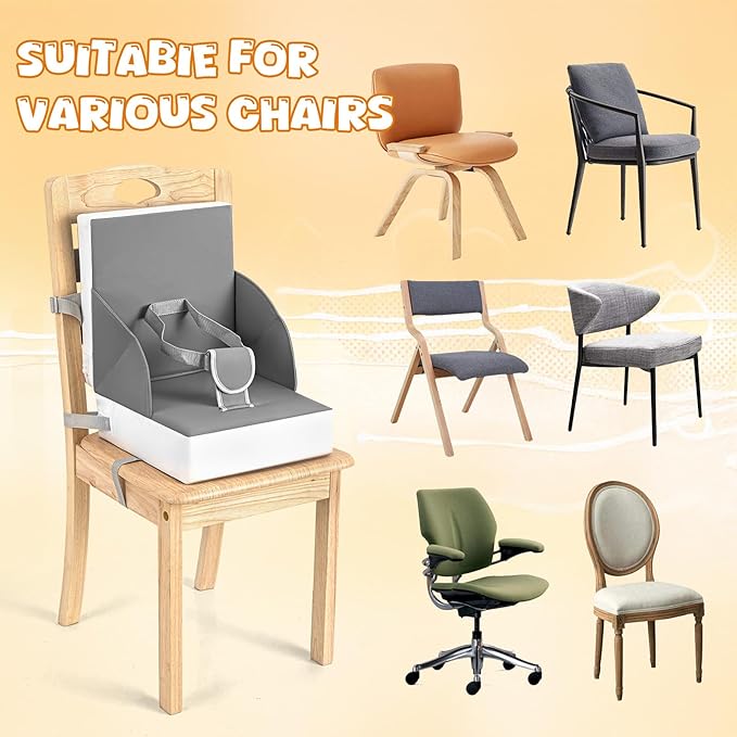 Portable Toddler Booster Seat for Dining Table, Adjustable Lightweight Toddler Chair for Travel, Compact Design, Easy to Clean (Grey)