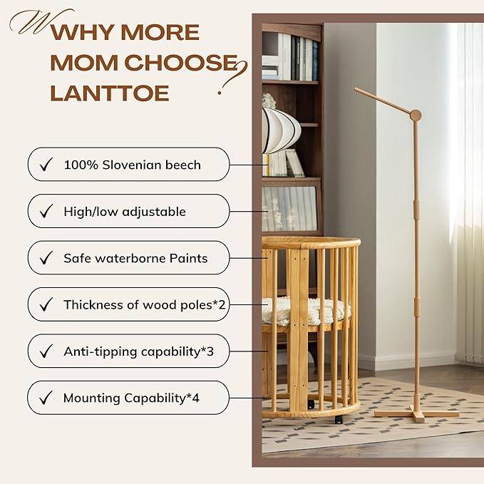 Crib Mobile Arm Wooden Floorstanding - 61 Inches Mobile Arm for Crib|Movable Baby Mobile Hanger|Strong Anti-Dumping Attachment|100% Natural EU Beech Wood|Thicker Wooden Pole|Boho Nursery Decor