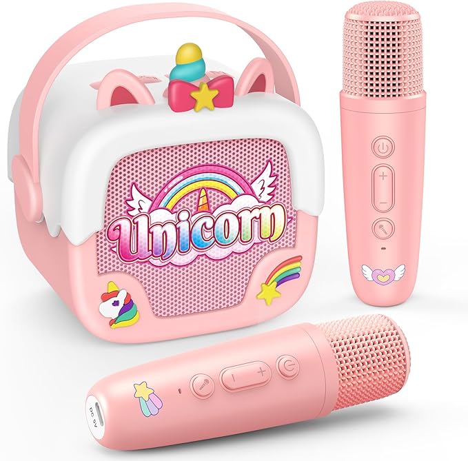 Mini Karaoke Machine for Kids Girls: Unicorn Portable Bluetooth Speakers with 2 Wireless Mic Birthday Gifts for 5 6 7 8 9 10 11 Years Teens Toys for Girls Age 4-6 7 8 9 Years Old Girl Gifts Pink