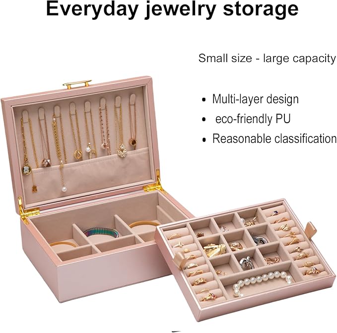 2-layer jewelry box，Jewelry Organizer with Handle，with hanging necklace hooks, detachable jewelry trays, suitable for storing a large amount of jewelry gift box (rose gold)