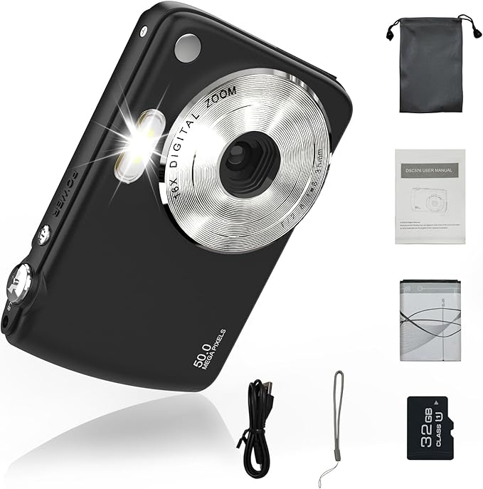 Digital Camera, Kids Cameras for 50MP FHD 1080P, Digital Point and Shoot Camera with 16X Zoom Anti Shake, Compact Small Cameras Gift for Boys Girls Kids, Black
