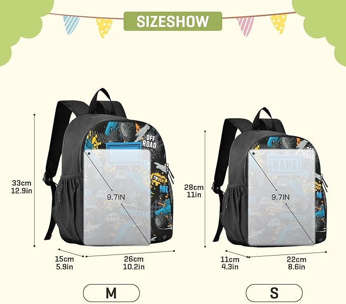 Monster Truck Toddler Backpack Waterproof Mini Backpack with Name/Text Preschool Backpack Cute Small Kindergarten Pre School Bags 13 Inch, Medium, Pattern 4