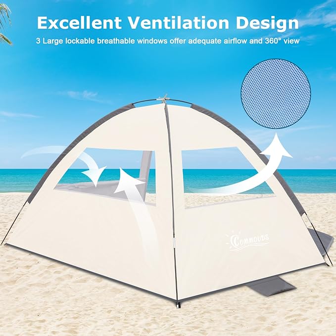 COMMOUDS Beach Tent Sun Shade for 3/4-5/6-7/8-10 Person, UPF 50+ Beach Sun Shelter Canopy Tent, Lightweight, Easy Set Up and Carry