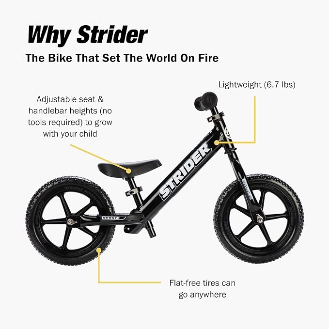 Strider 12” Sport Bike - No Pedal Balance Bicycle for Kids 1 to 4 Years - Includes Safety Pad, Padded Seat, Mini Grips & Flat-Free Tires - Tool-Free Assembly & Adjustments