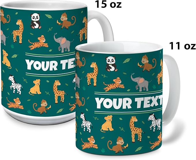 Personalized Mug for Kids - Zoo Animals - Custom Name/Text, Ceramic Hot Chocolate/Cocoa/Coffee Cup for Boys/Girls, Birthday/Christmas/Holiday Gift - 15 oz, Light Blue Handle