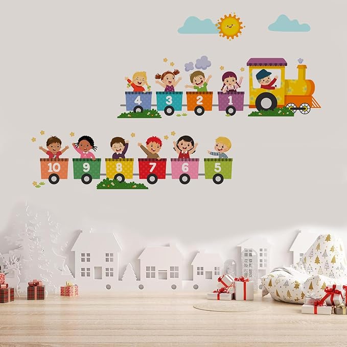 Alphabet Train Color Learning Educational Wall Decals Peel and Stick Cute Animal Wall Stickers for Educational Classroom Kids Playroom Bedroom Decorations (Train Numbers Reverse)
