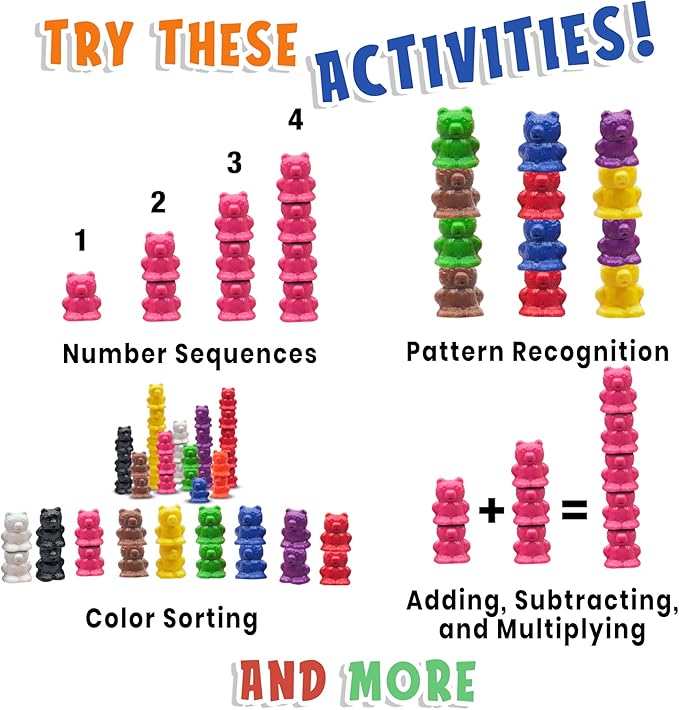 Skoolzy Rainbow Stackable Counting Bears - Stacking & Sorting Bears for Toddlers 50 pcs - Teddy Bear Math Manipulatives for 3-8 Kids & Adults
