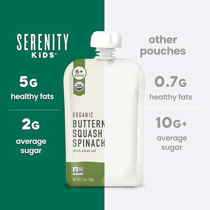 Serenity Kids 6+ Months Veggie Puree Baby Food Pouches - Butternut Squash & Spinach - USDA Organic No Added Sugar Allergen Free BPA-Free - Healthy Toddler Food - 3.5 Oz, 12 Pack
