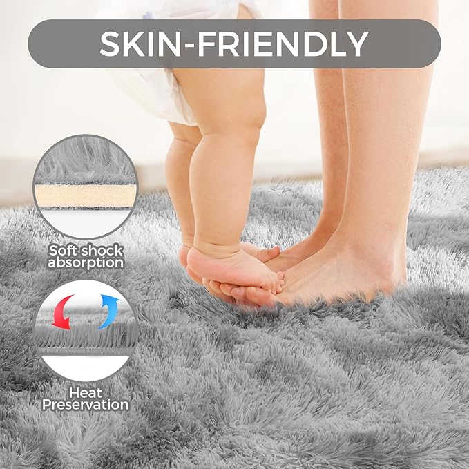 Ultra Soft Rug for Living Room, 9X12 Fluffy Shag Area Rug for Bedroom, Modern Shaggy Carpets Fuzzy Rug for Teens Dorm Nursery Home Decor Aesthetic, Upgrade Anti-Skid Durable, Tie-Dyed Light Grey