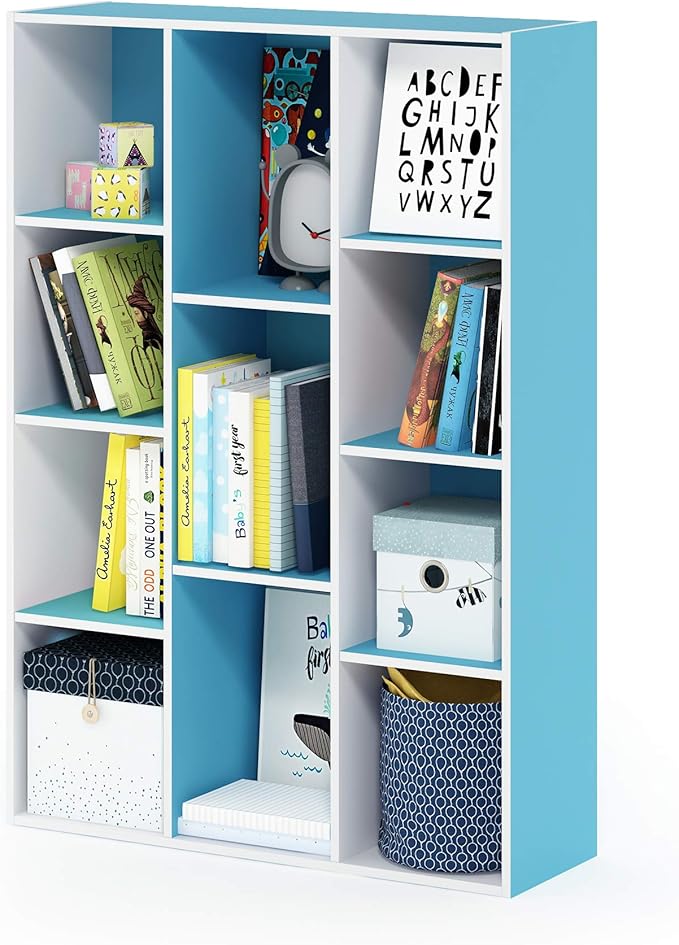 Furinno Luder Bookcase / Book / Storage , 11-Cube, White/Light Blue