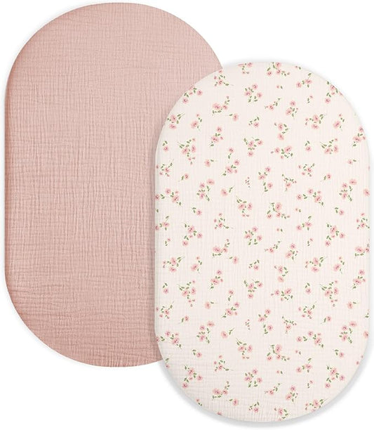 Bassinet Sheet for Baby Boy and Girl 2 Pack, Fitted Sheets for Rectangle, Oval, Hourglass Bassinet Mattress, Muslin Moses Basket Sheets with Neutral Style (Rosy)