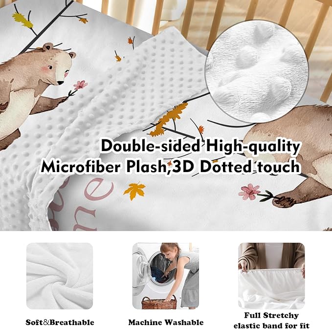 Personalized Baby Crib Bedding Set for Baby Girls, Fox Sika Deer Pattern Custom Name Baby Crib Sets 5-Pcs, Toddler Double Layer Blanket Fitted Sheets Changing Pad Cover Rug Wall Art Set