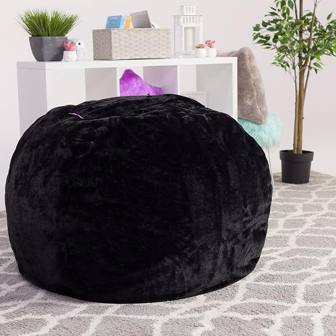 Posh Creations Bean Bag Chair for Kids, Teens, and Adults Includes Removable and Machine Washable Cover, Soft Faux Rabbit Fur - Black, 48in - X-Large