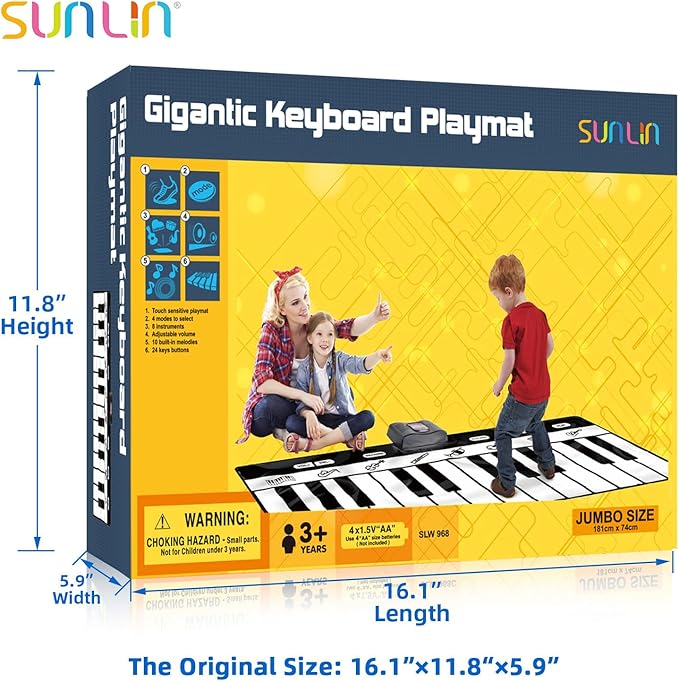 SUNLIN 6ft. Piano Mat, Floor Keyboard Playmat: 24 Keys, 10 Demos, 8 Instrument Sounds, Record & Playback, Giant Interactive Musical Toys Gifts for Boys & Girls Age 3 4 5 6 7 8 9 Years Old
