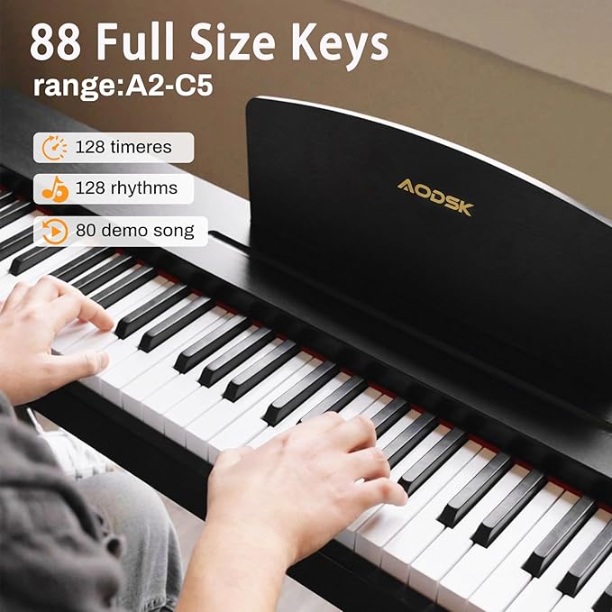 AODSK Beginner Digital Piano 88 Key Keyboard,Full-size Electric Piano for Beginners,with Sheet Music Stand,Pedal,Power Adapter,Headphone Mode,USB-MIDI,Piano Lessons,Black,-Comes with headphones