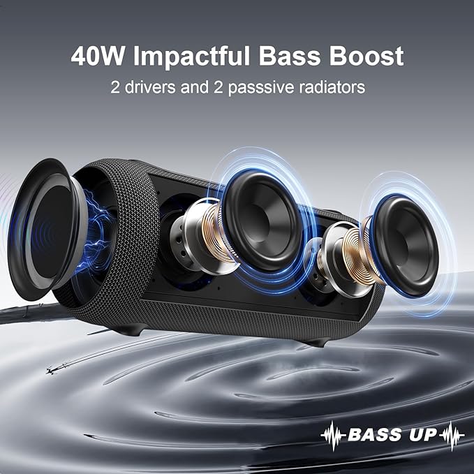 Passau Portable Bluetooth Speakers Loud 40W Peak Stereo Sound, Passive Radiators-Deep Bass, All Day Playtime, Adjustable Strap, BT5.3, IPX5 Wireless Speaker RGB Lights for Indoor Outdoor