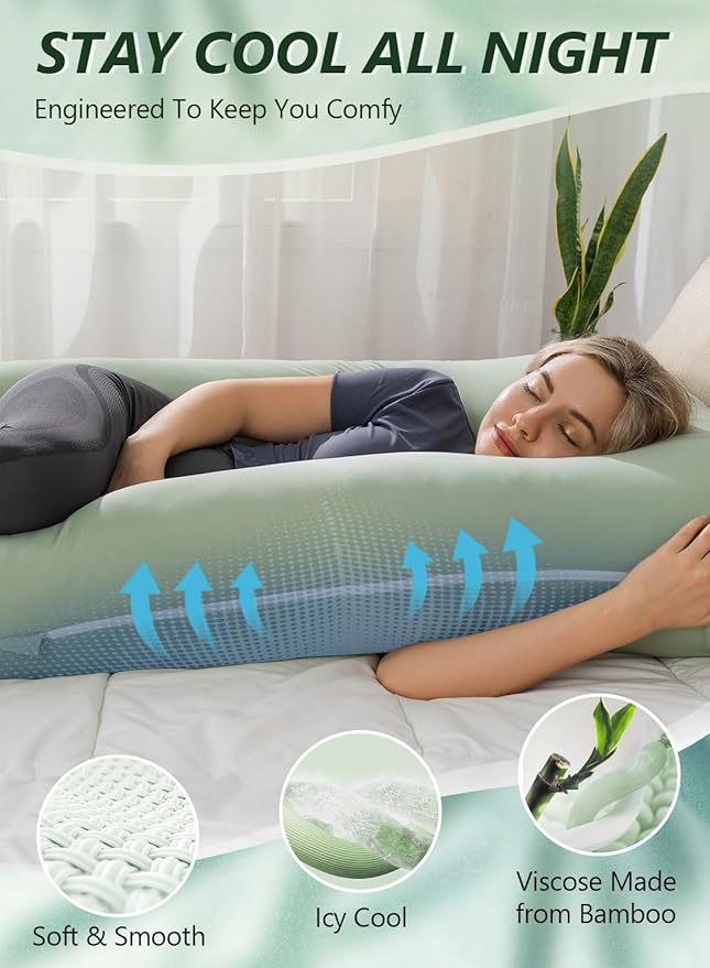 Meiz Pregnancy Pillow, U Shaped Pregnancy Pillows for Sleeping Cooling, 55 Inch Maternity Pillow for Pregnant Women, Body Pillows for Adults, Rayon Cover from Bamboo, Sage Green