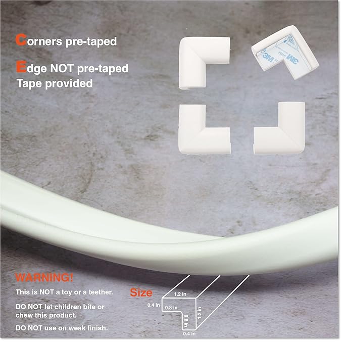 Roving Cove HeftyFit Edge Corner Protector Baby Proofing (Large 18ft Edge 8 Corners), Heavy-Duty, Soft NBR Rubber Foam, Furniture Fireplace Safety Bumper Guard, 3M Adhesive, Oyster White (Off White)