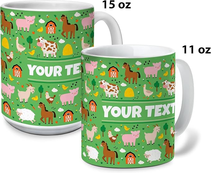 Personalized Mug for Kids - Farm Animals - Custom Name/Text, Ceramic Hot Chocolate/Cocoa/Coffee Cup for Boys/Girls, Birthday/Christmas/Holiday Gift - 11 oz, Light Blue Handle