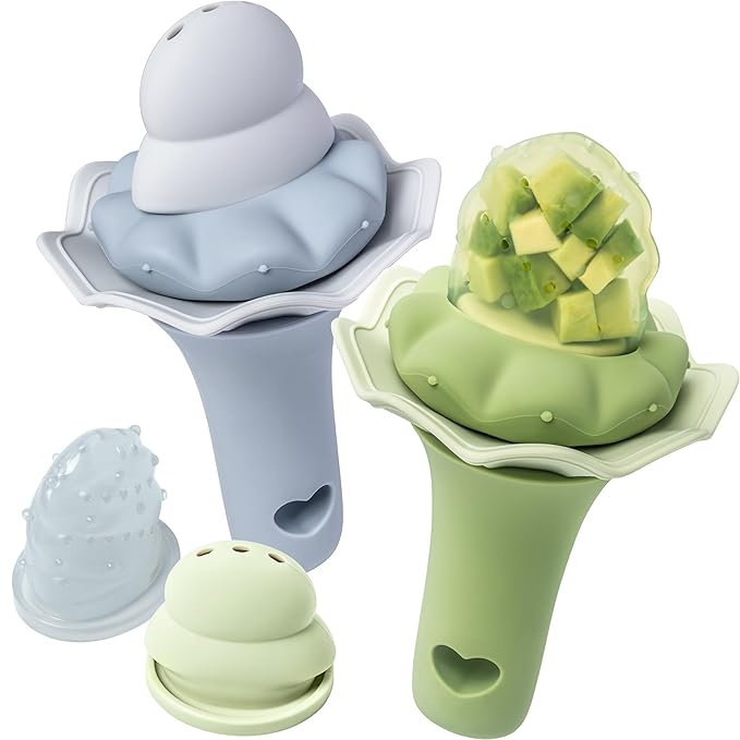Moonkie Baby Fruit Feeder, BPA Free Silicone Food Feeder for Infant Self Feeding, Mesh Feeder with Two Pouches, Baby Shower Gifts 4 Months+, 2 Pack