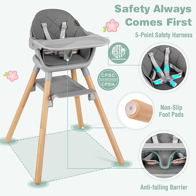 BABY JOY Baby High Chair, 6 in 1 Convertible Wooden Highchair for Babies & Toddlers with Adjustable Legs, Removable Double Tray, Safety Harness & Waterproof PU Cushion (Gray)