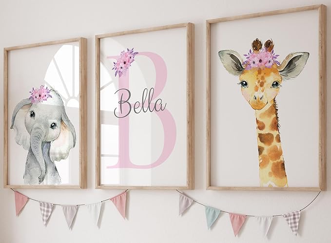 Personalized Safari Animals for Baby Girls Nursery, Set of 3 Unframed Poster Prints, Personalized Name Pink Lilac Floral, Girls Bedroom Decor, Elephant Giraffe (8x10)