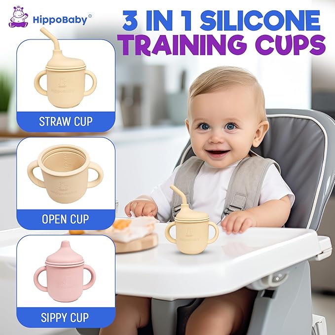 Silicone Transition Sippy Cup for 6+ month old | Includes 1 Toddler straw cup & 1 Baby Sippy Cup with Handles 5 oz | Perfect for Baby Led Weaning (Cream/Rose Quartz, 5 oz)