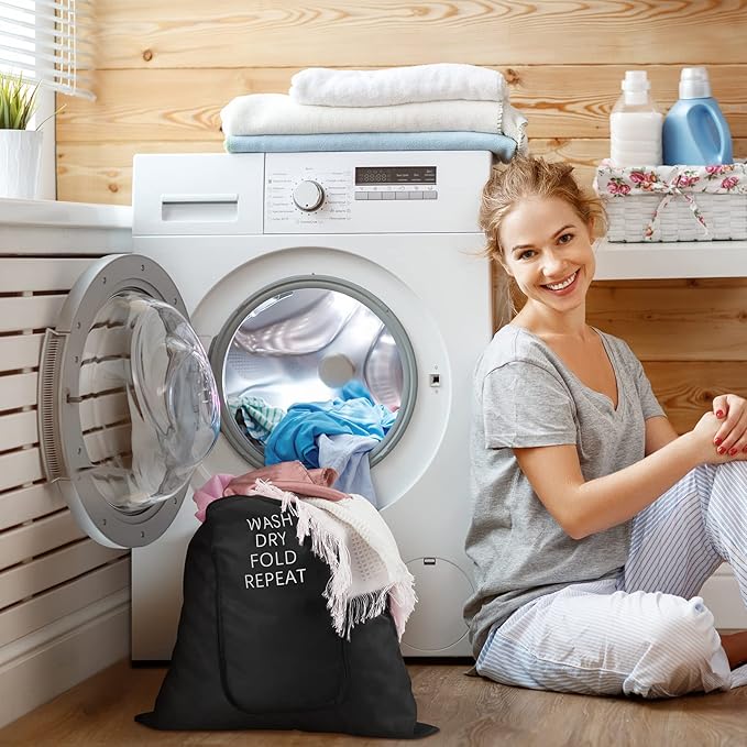 2 Pcs Travel Laundry Bag Washable Dirty Clothes Bag with Drawstring and Zipper for Suitcase, 22 x 18 Inch (Black,Classic)