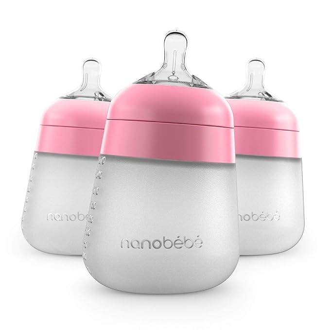 Nanobebe Flexy Silicone Baby Bottle, Anti-Colic, Natural Feel, Non-Collapsing Nipple, Non-Tip Stable Base, Easy to Clean, 3-Pack, Pink, 9oz