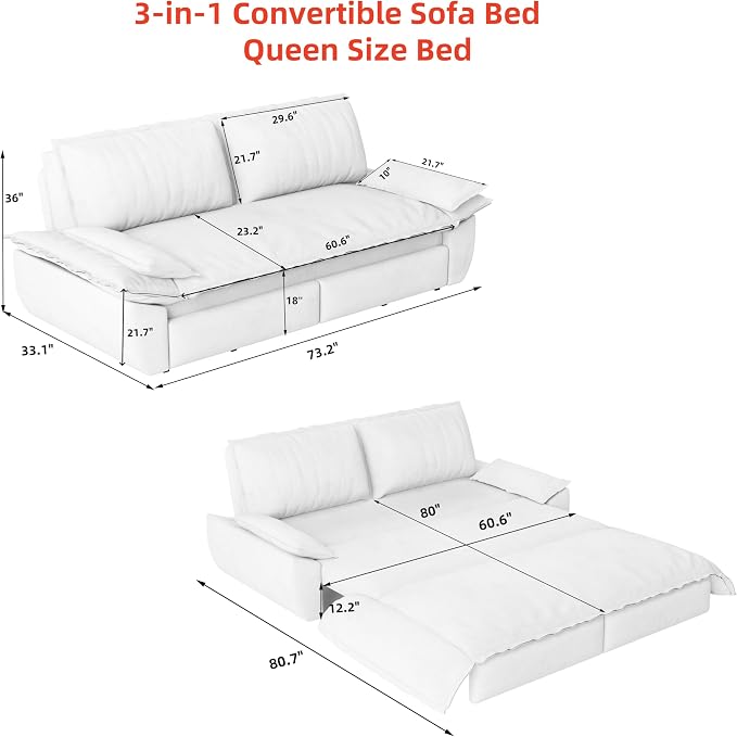 KEIKI 73.2" Pull Out Sleeper Sofa Bed Queen Size, 3-in-1 Convertible Couch - Image 2