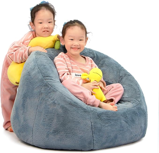 N&V Small Bean Bag Chair for Kids, Children Mini Bean Bag Sack, Foam Filling, Includes Removable and Machine Washable Cover, 27in, Soft Faux Fur (Blue)