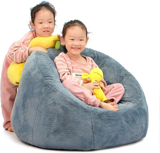N&V Small Bean Bag Chair for Kids, Children Mini Bean Bag Sack, Foam Filling, Includes Removable and Machine Washable Cover, 27in, Soft Faux Fur (Blue)