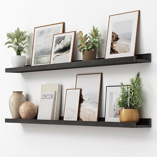 Picture Ledge Shelf, Floating Shelves Set of 2, Solid Pine Wood 55'' Long Large Nursery Book Shelves for Toys Storage, Kids Bookshelf for Living Room Bedroom Decor Books Photo Frames, Black