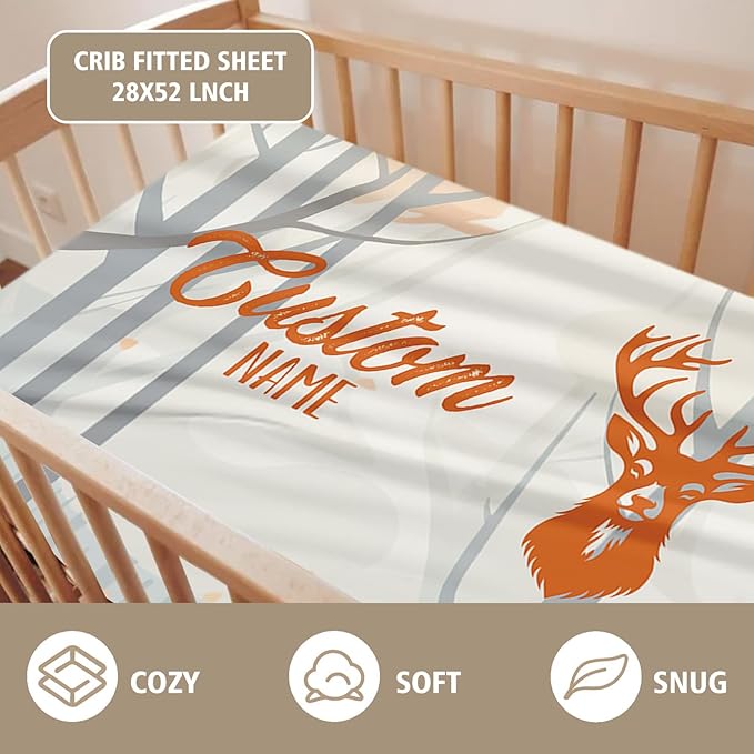 Custom Name Crib Bedding Set - Orange Sika Deer Pattern, Personalized Nursery Bedding 3-Piece Set– Soft Blanket, Fitted Sheet, Changing Pad Cover – for Newborns Girls Nursery Gifts