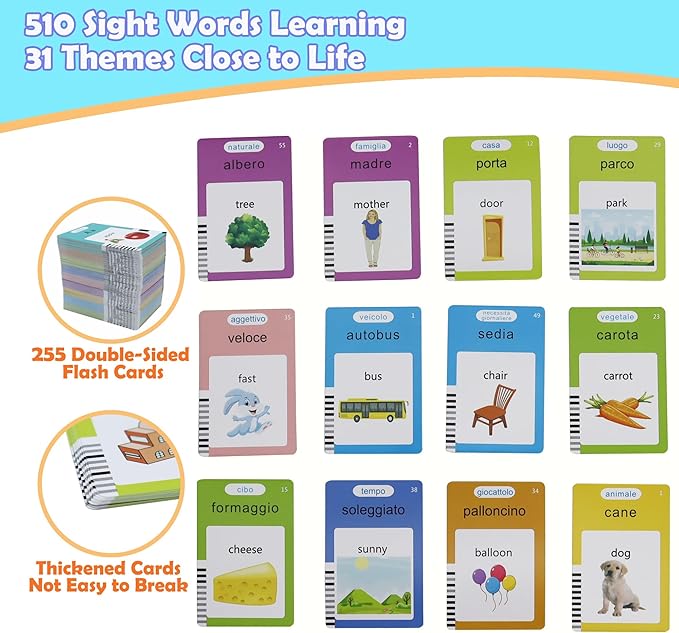MAYAPHILOS 510 Words Italian and English Talking Flash Cards, Pocket Speech for Learn Italian, Italian Language Learning Audible Talking Flashcards Toddlers' Sensory Preschool Birthday Gifts