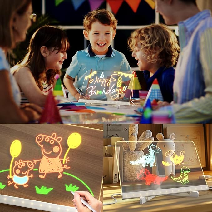 Led Note Board,Doodle Glow,Led Drawing Board for Kids,Acrylic Dry Erase Board with Light and 7 Colors Pens,LED Note Board with Colors for Office School Home (7.8x7.8 inches)