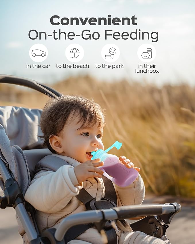 Silicone Reusable Baby Food Pouches with Straws, 4 Pack Leakproof Refillable Squeeze Pouches, Dishwasher, Freezer, Microwave Safe, 5OZ Baby Food Storage for Homemade Puree, Yogurt