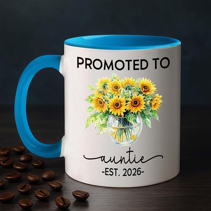 Promoted To Auntie EST 2026 Accent Mug Gift For Pregnancy Announcement, Personalized Name New Aunt Coffee Mug 11 15Oz, Customized Sunflowers Auntie White Coffee Cup For Birthday, First Time Aunt Cup